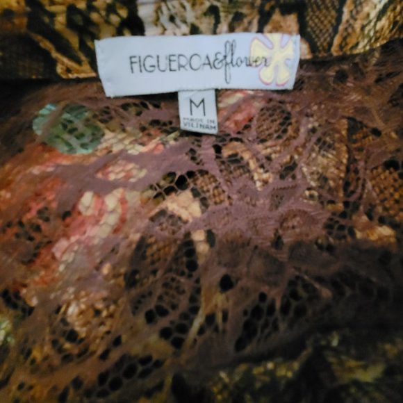 Figueroa & Flowers Rose & Snake Print Sheer Lace Brown Button Front Top Medium - Picture 3 of 3
